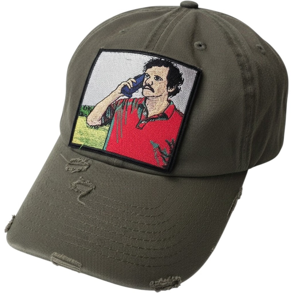 MV Dad Hats Distressed Olive Green Baseball Cap Man on Phone Patch Adjustable G1